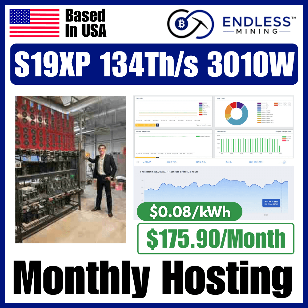Bitmain Antminer S19XP 134Th/s 3010W - $0.08/kWh Monthly Hosting Payment image