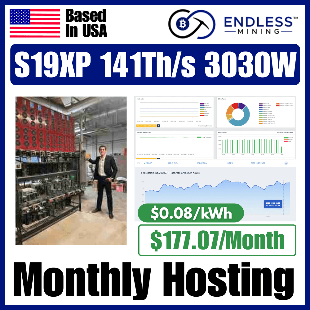 Bitmain Antminer S19XP 141Th/s 3030W - $0.08/kWh Monthly Hosting Payment image