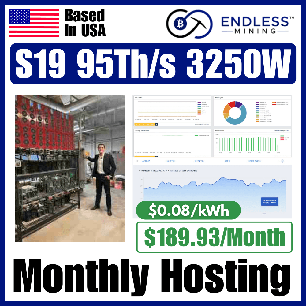 Bitmain Antminer S19 95Th/s 3250W - $0.08/kWh Monthly Hosting Payment image