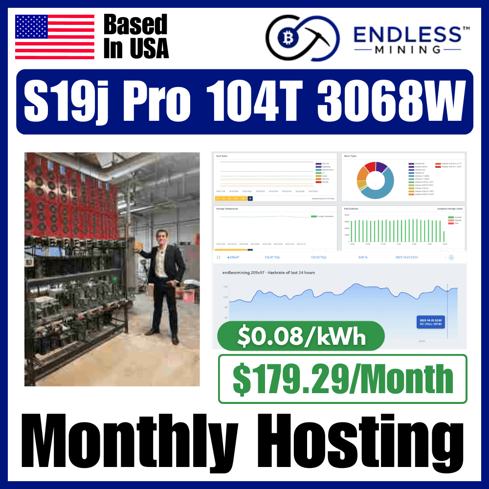 Bitmain Antminer S19j Pro 104Th/s 3068W - $0.08/kWh Monthly Hosting Payment image