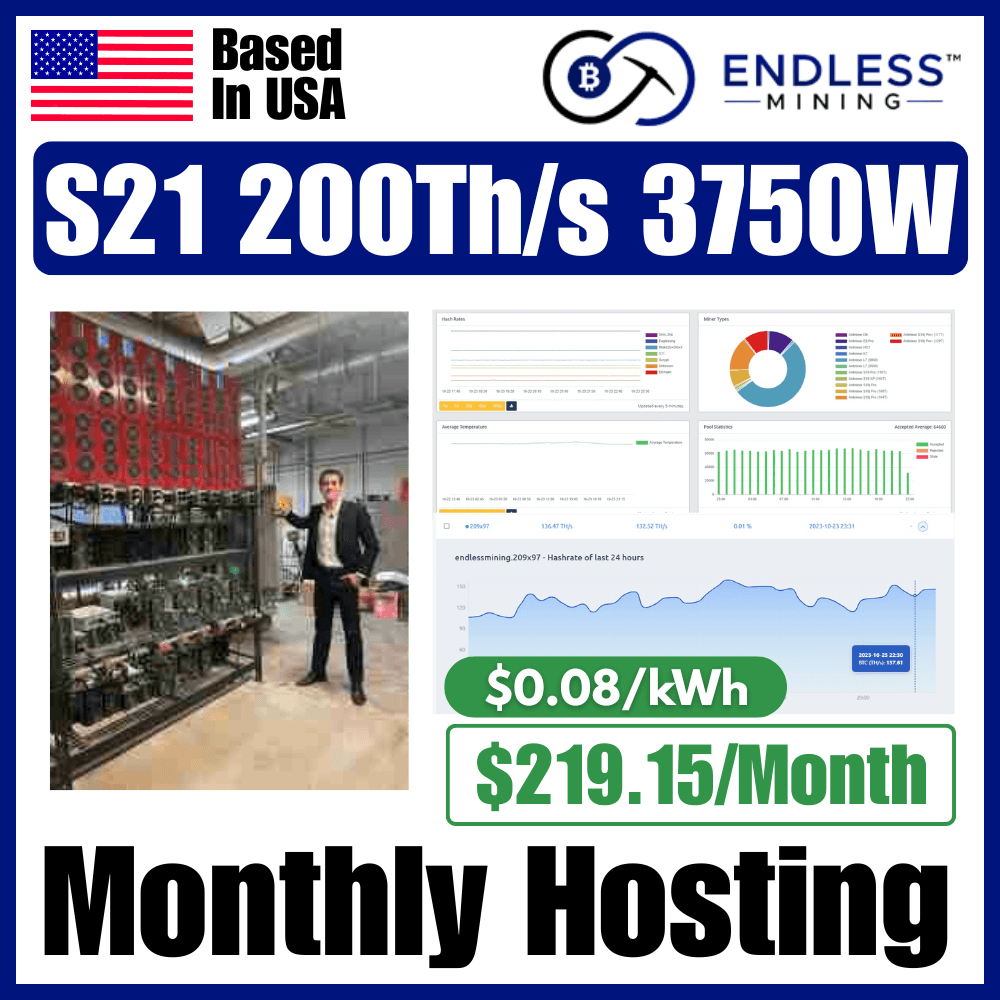 Bitmain Antminer S21 200Th/s 3750W (Average Consumption) – $0.08/kWh Monthly Hosting Payment image