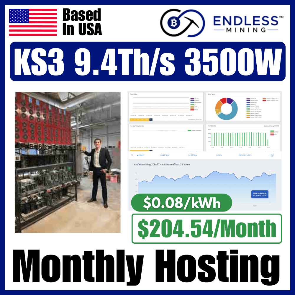 Bitmain Antminer KS3 9.4Th/s 3500W - $0.08/kWh Monthly Hosting Payment image