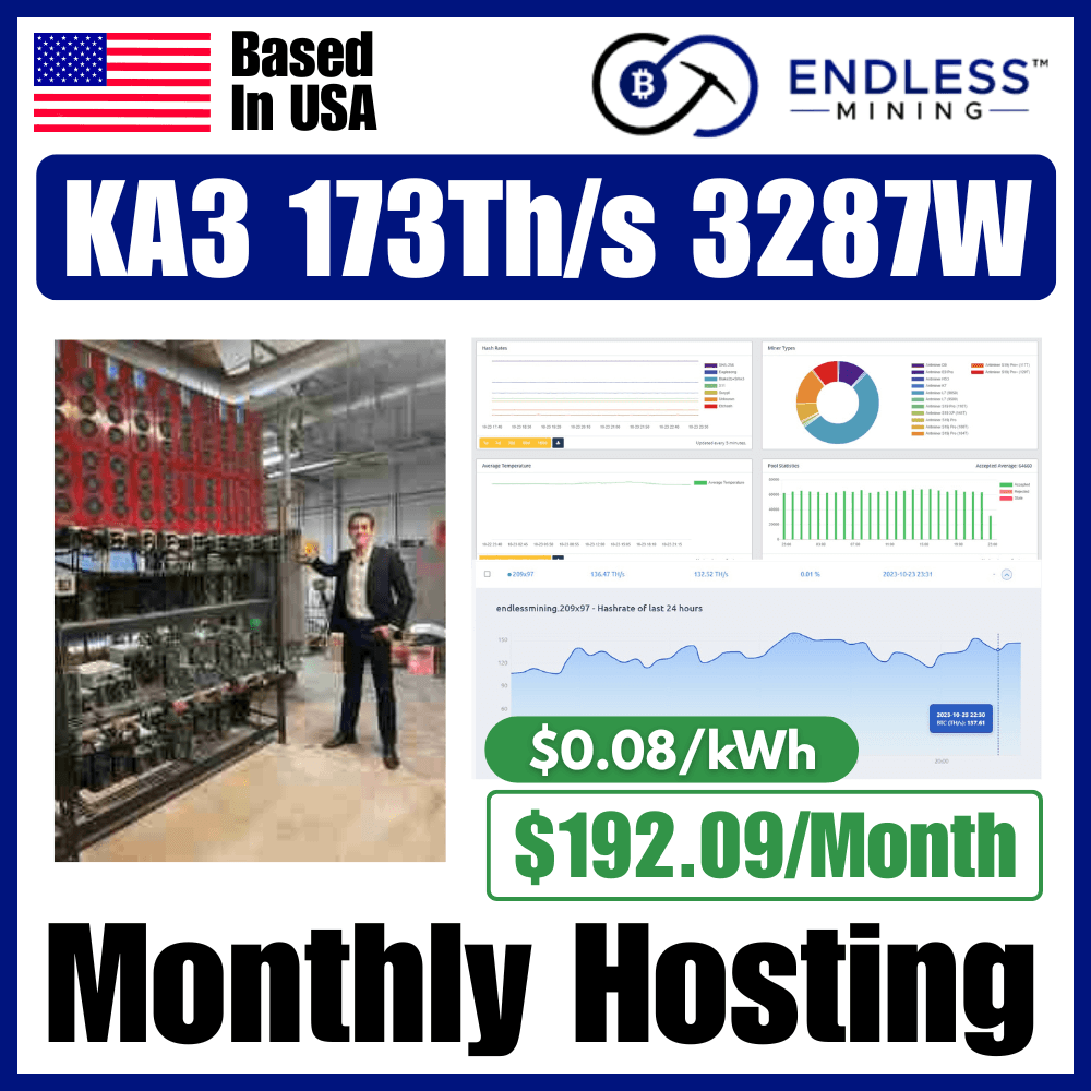 Bitmain Antminer KA3 173Th/s 3287W - $0.08/kWh Monthly Hosting Payment image