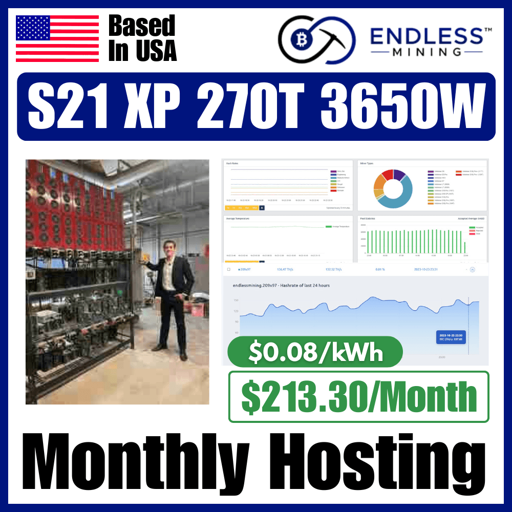 Bitmain Antminer S21 XP 270Th/s 3650W - $0.08/kWh Monthly Hosting Payment image